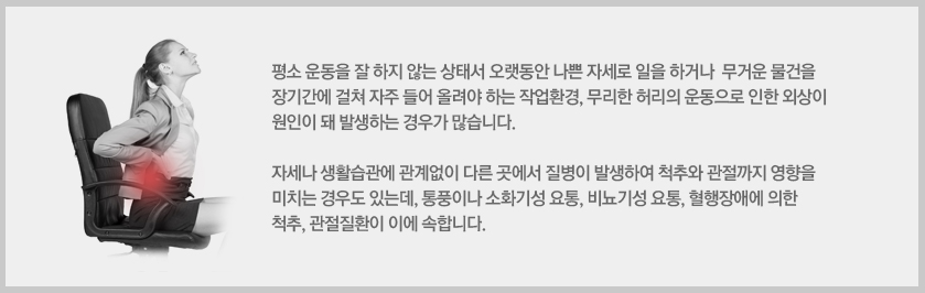 
	평소 운동을 잘 하지 않는 상태서 오랫동안 나쁜 자세로 일을 하거나  무거운 물건을 
	장기간에 걸쳐 자주 들어 올려야 하는 작업환경, 무리한 허리의 운동으로 인한 외상이 
	원인이 돼 발생하는 경우가 많습니다.

	자세나 생활습관에 관계없이 다른 곳에서 질병이 발생하여 척추와 관절까지 영향을 
	미치는 경우도 있는데, 통풍이나 소화기성 요통, 비뇨기성 요통, 혈행장애에 의한 
	척추, 관절질환이 이에 속합니다.
	